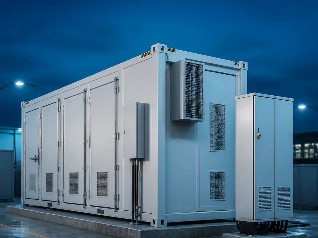 Conteneur de stockage d’énergie accompagné de son armoire de conversion.