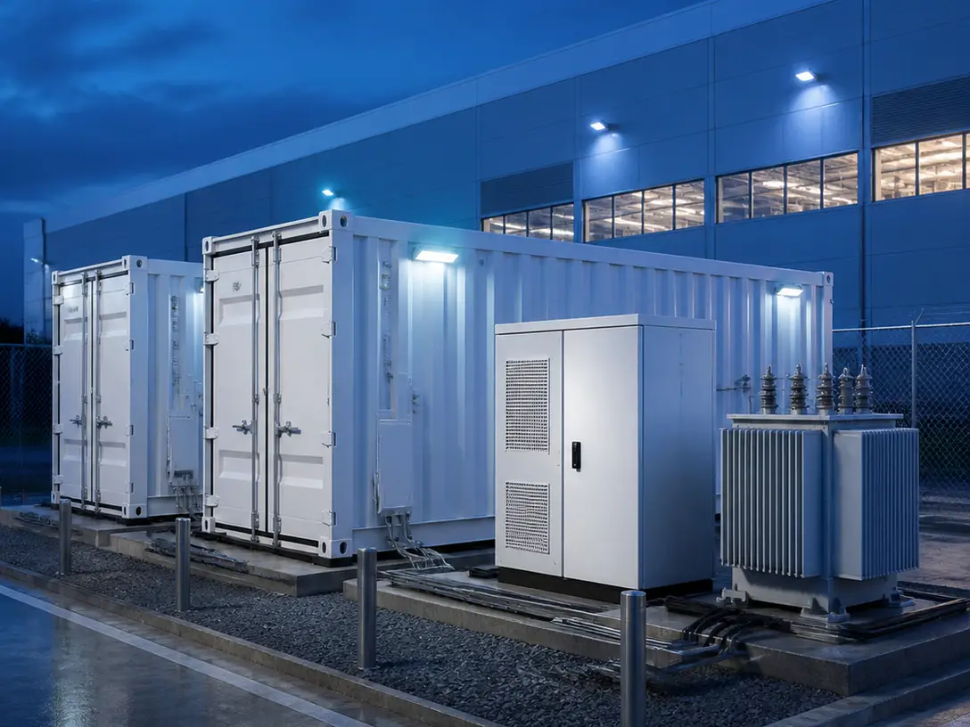 Conteneurs de stockage, armoire de conversion et transformateur sur un site industriel.