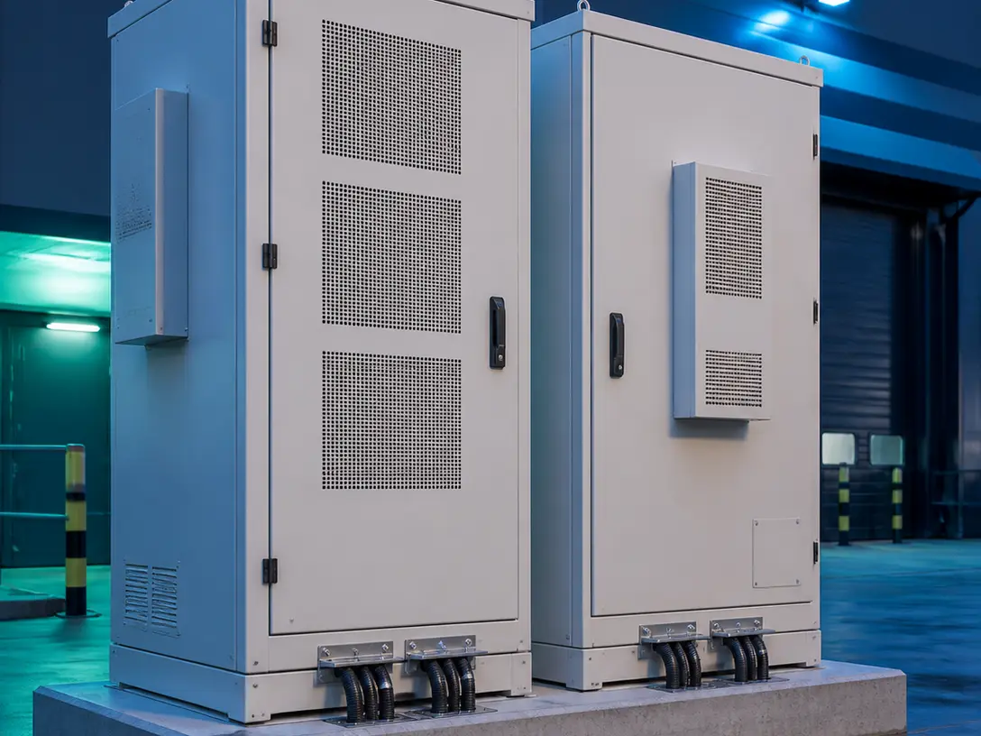 Deux armoires modulaires de stockage d’énergie côte à côte, sur un socle béton.
