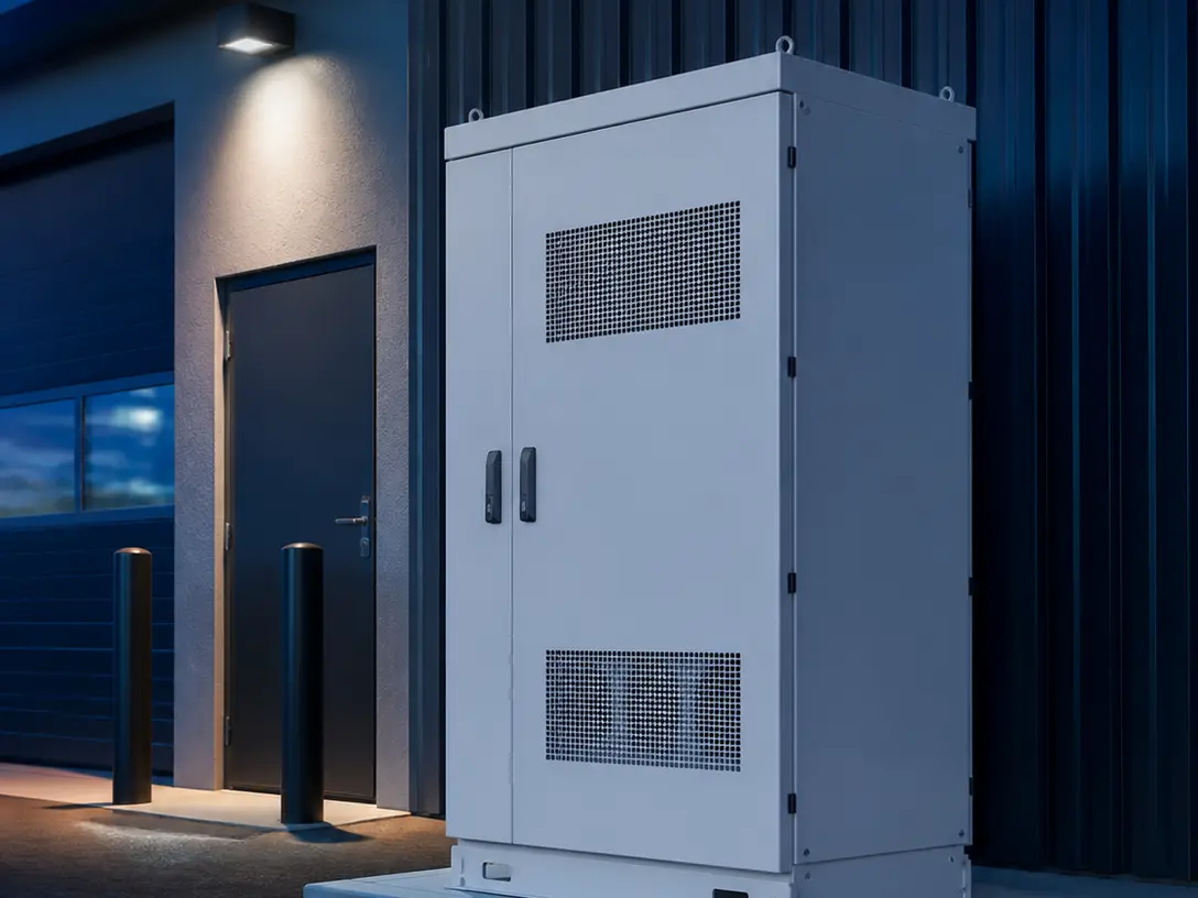 Armoire compacte de stockage d’énergie, installée en extérieur contre un bâtiment.