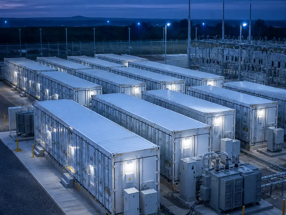 Plusieurs rangées de conteneurs de stockage et leur poste électrique, vus d’ensemble.